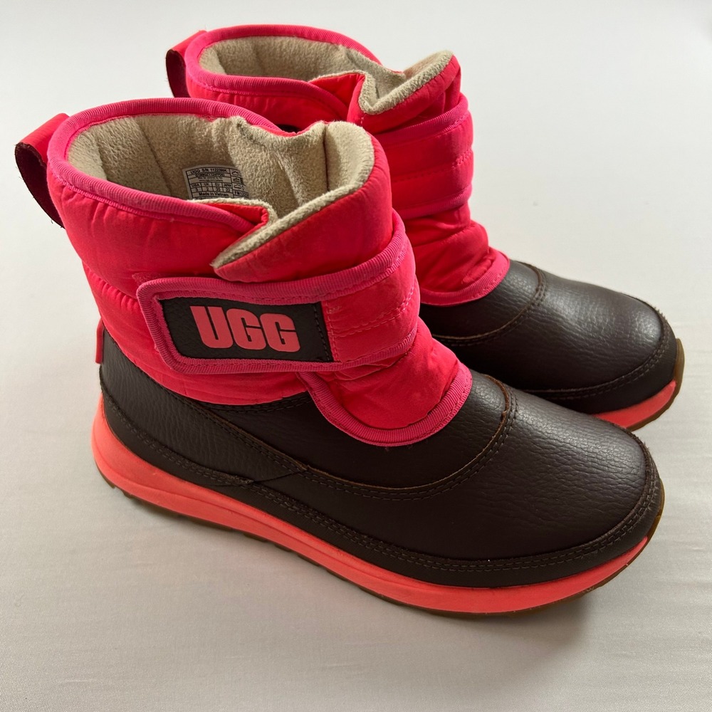 UGG Snow Boots Kids Girls Size 3 Brown Neon Pink Hook Loop Leather Winter Warm
